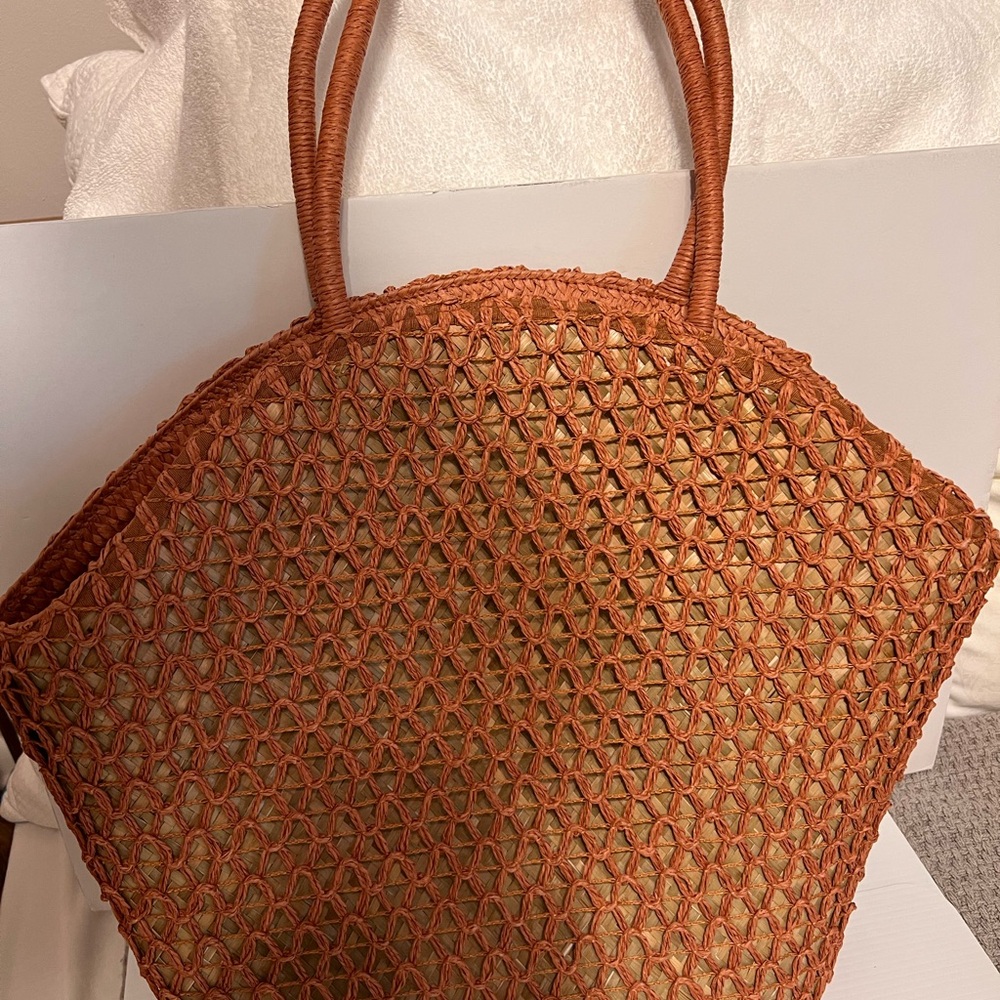Woven Tan/Burnt Orange Straw Tote Bag